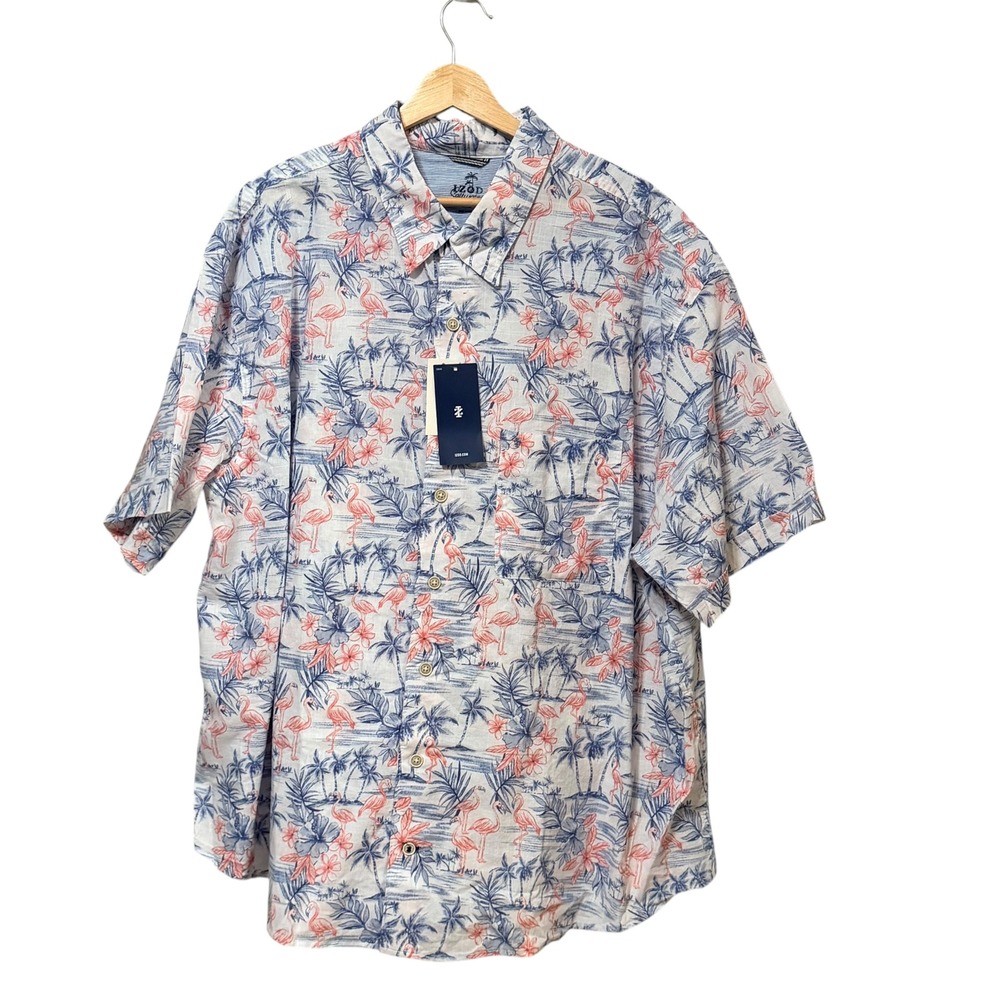 IZOD Saltwater Mens 2XB Short Sleeve Button Down Shirt Flamingo Tropical Blue